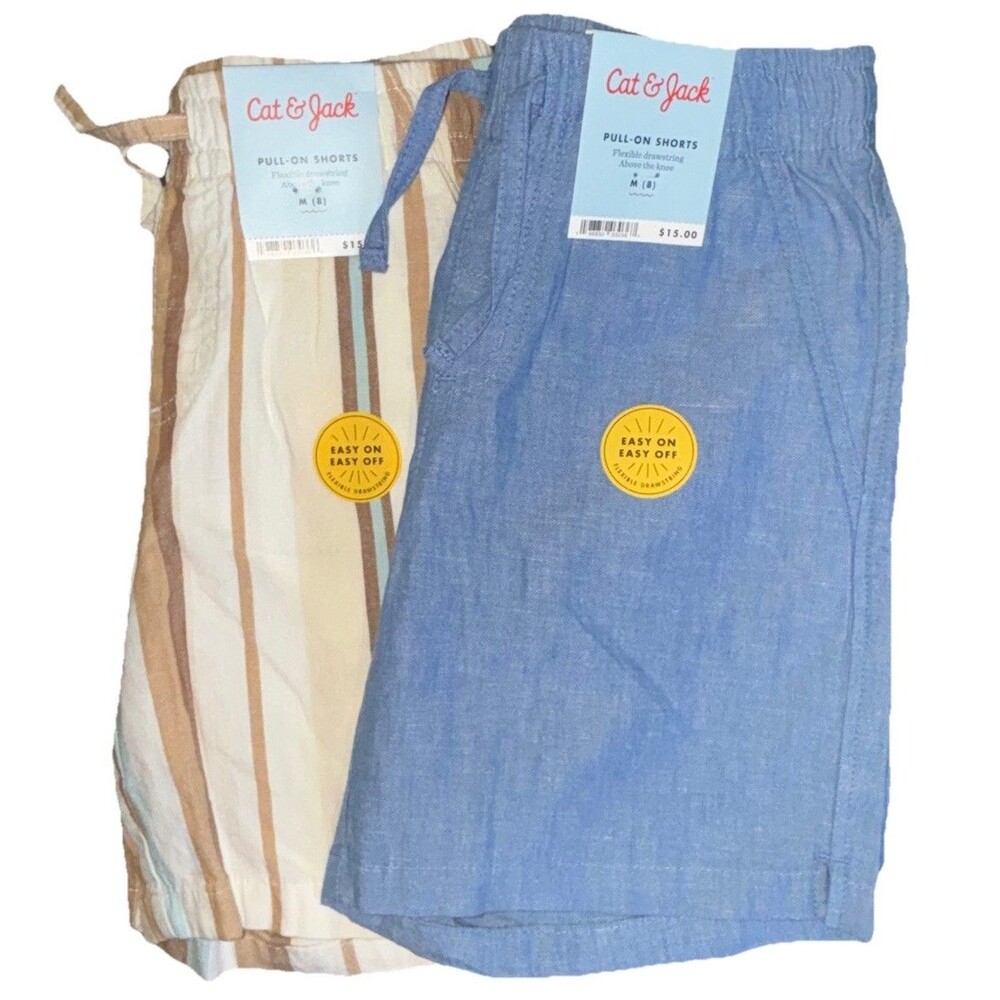 Cat & Jack Boys Pull-On Shorts M (8) Blue Striped Beige Lot of 2